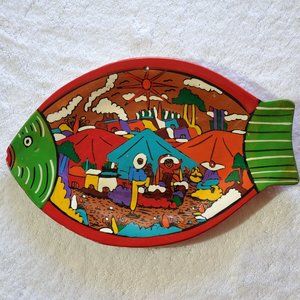 Hand-painted Southwest Clay Village Scene 7"x11" Ceramic Dish Art